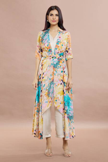 Buy_Whimsical By Shica_Beige Organza, Satin Shawl Neck Dot Print Criss Cross Jumpsuit _Online_at_Aza_Fashions