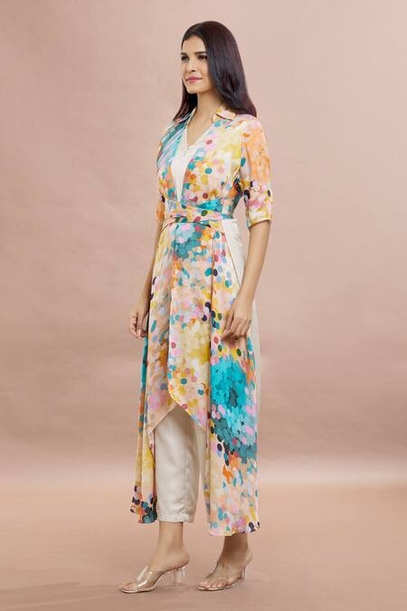 Shop_Whimsical By Shica_Beige Organza, Satin Shawl Neck Dot Print Criss Cross Jumpsuit _Online_at_Aza_Fashions