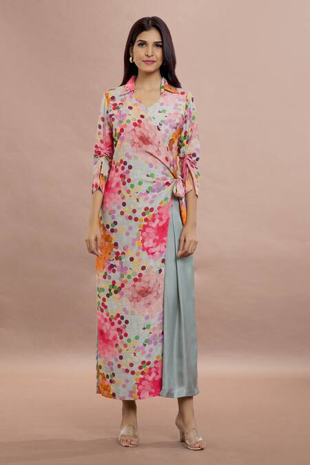 Buy_Whimsical By Shica_Coral Organza, Satin Shawl Neck Dot Print Side Drape Flap Jumpsuit _Online_at_Aza_Fashions