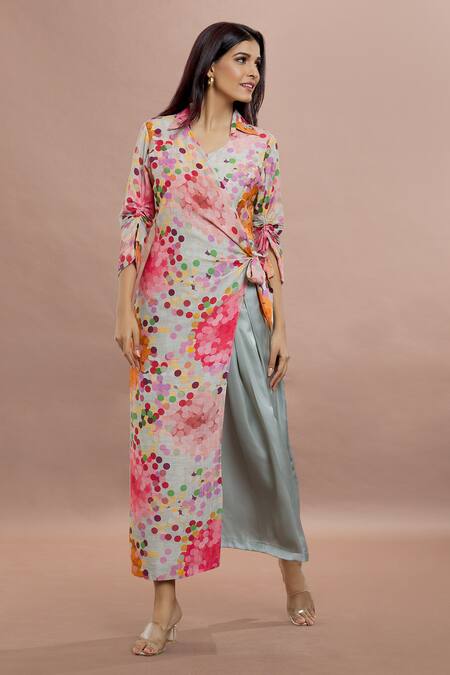 Whimsical By Shica_Coral Organza, Satin Shawl Neck Dot Print Side Drape Flap Jumpsuit _at_Aza_Fashions