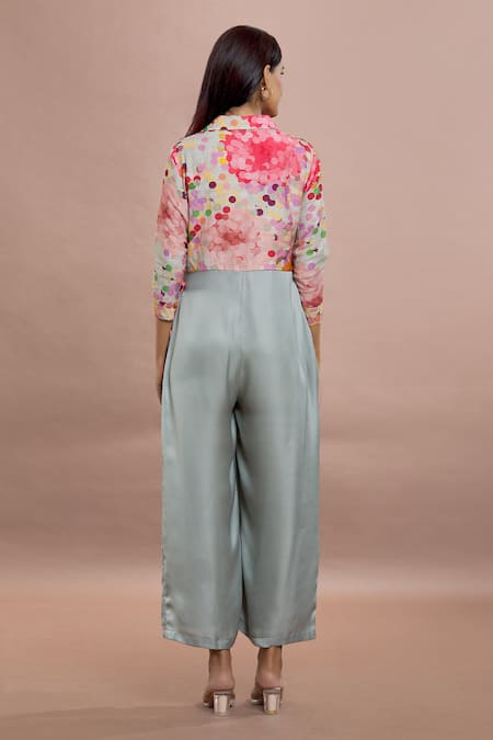 Whimsical By Shica_Coral Organza, Satin Shawl Neck Dot Print Side Drape Flap Jumpsuit _Online_at_Aza_Fashions