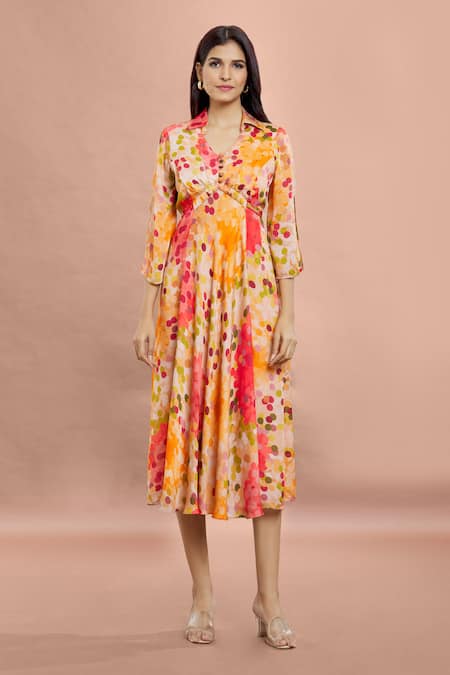 Buy Whimsical By Shica Brown Organza, Satin Shawl Neck Dot Print Gathered Dress Online at Aza Fashions Buy_Whimsical By Shica_Brown Organza, Satin Shawl Neck Dot Print Gathered Dress _Online_at_Aza_Fashions