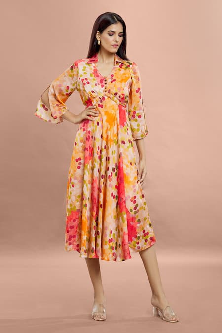 Shop Whimsical By Shica Brown Organza, Satin Shawl Neck Dot Print Gathered Dress Online at Aza Fashions Shop_Whimsical By Shica_Brown Organza, Satin Shawl Neck Dot Print Gathered Dress _Online_at_Aza_Fashions