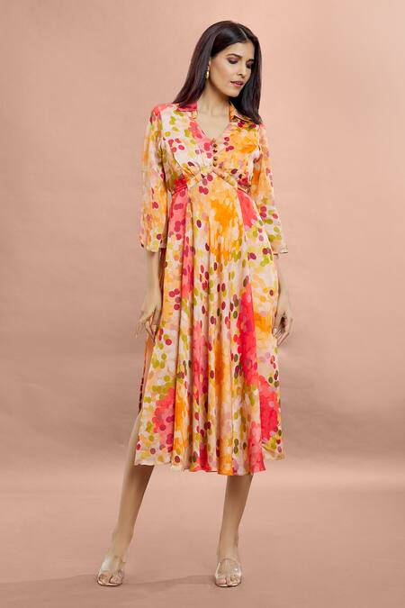 Whimsical By Shica Brown Organza, Satin Shawl Neck Dot Print Gathered Dress at Aza Fashions Whimsical By Shica_Brown Organza, Satin Shawl Neck Dot Print Gathered Dress _at_Aza_Fashions