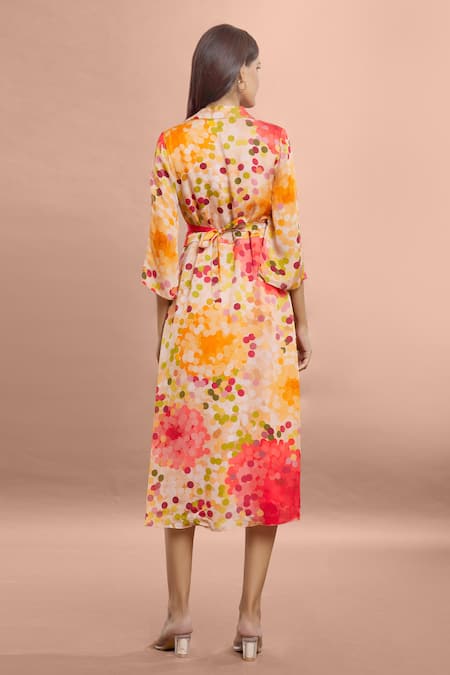 Whimsical By Shica Brown Organza, Satin Shawl Neck Dot Print Gathered Dress Online at Aza Fashions Whimsical By Shica_Brown Organza, Satin Shawl Neck Dot Print Gathered Dress _Online_at_Aza_Fashions