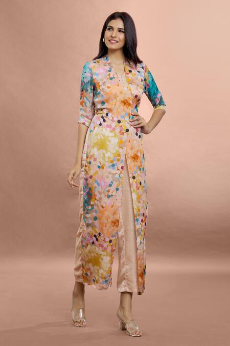 Buy Whimsical By Shica Brown Organza, Satin V-neck Dot Print Jumpsuit Online at Aza Fashions Buy_Whimsical By Shica_Brown Organza, Satin V-neck Dot Print Jumpsuit _Online_at_Aza_Fashions