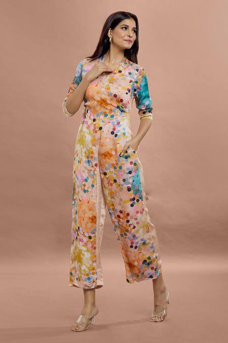 Shop Whimsical By Shica Brown Organza, Satin V-neck Dot Print Jumpsuit Online at Aza Fashions Shop_Whimsical By Shica_Brown Organza, Satin V-neck Dot Print Jumpsuit _Online_at_Aza_Fashions