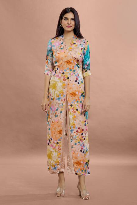 Whimsical By Shica Brown Organza, Satin V-neck Dot Print Jumpsuit at Aza Fashions Whimsical By Shica_Brown Organza, Satin V-neck Dot Print Jumpsuit _at_Aza_Fashions