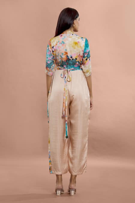 Whimsical By Shica Brown Organza, Satin V-neck Dot Print Jumpsuit Online at Aza Fashions Whimsical By Shica_Brown Organza, Satin V-neck Dot Print Jumpsuit _Online_at_Aza_Fashions