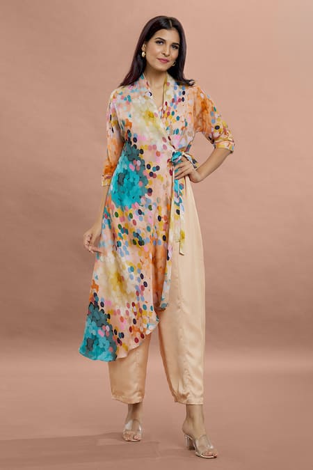 Buy Whimsical By Shica Brown Organza, Satin V-neck Dot Print Side Drape Jumpsuit Online at Aza Fashions Buy_Whimsical By Shica_Brown Organza, Satin V-neck Dot Print Side Drape Jumpsuit _Online_at_Aza_Fashions