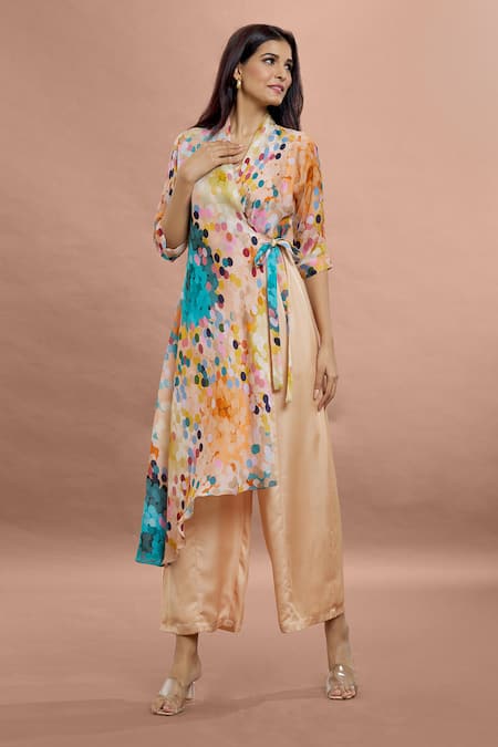 Shop Whimsical By Shica Brown Organza, Satin V-neck Dot Print Side Drape Jumpsuit Online at Aza Fashions Shop_Whimsical By Shica_Brown Organza, Satin V-neck Dot Print Side Drape Jumpsuit _Online_at_Aza_Fashions