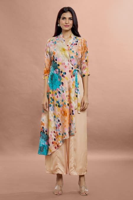 Whimsical By Shica Brown Organza, Satin V-neck Dot Print Side Drape Jumpsuit at Aza Fashions Whimsical By Shica_Brown Organza, Satin V-neck Dot Print Side Drape Jumpsuit _at_Aza_Fashions