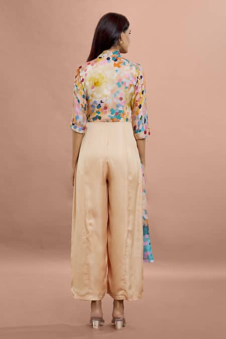 Whimsical By Shica Brown Organza, Satin V-neck Dot Print Side Drape Jumpsuit Online at Aza Fashions Whimsical By Shica_Brown Organza, Satin V-neck Dot Print Side Drape Jumpsuit _Online_at_Aza_Fashions