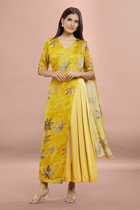 Shop_Whimsical By Shica_Yellow Organza, Satin V-neck Maple Dot Print Saree Draped Jumpsuit _Online_at_Aza_Fashions