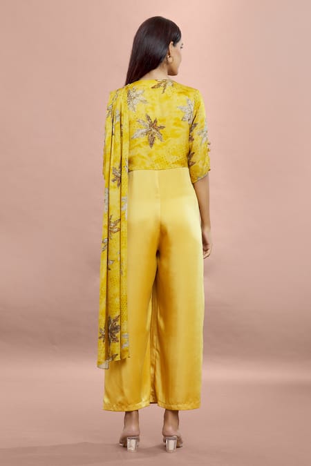 Whimsical By Shica_Yellow Organza, Satin V-neck Maple Dot Print Saree Draped Jumpsuit _Online_at_Aza_Fashions