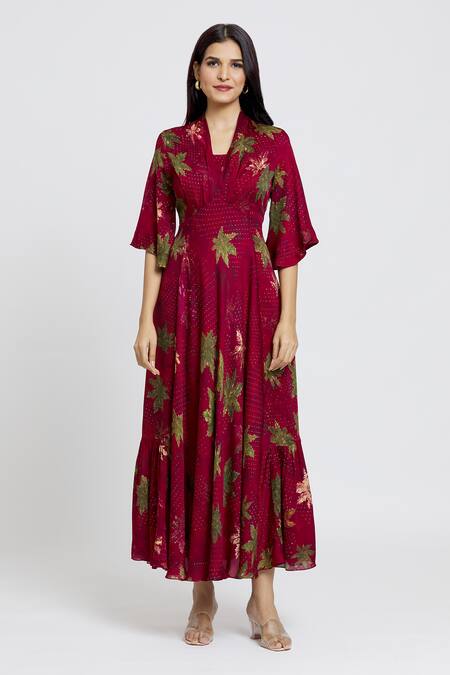 Buy_Whimsical By Shica_Maroon Organza, Satin V-neck Maple Dot Print Dress _Online_at_Aza_Fashions