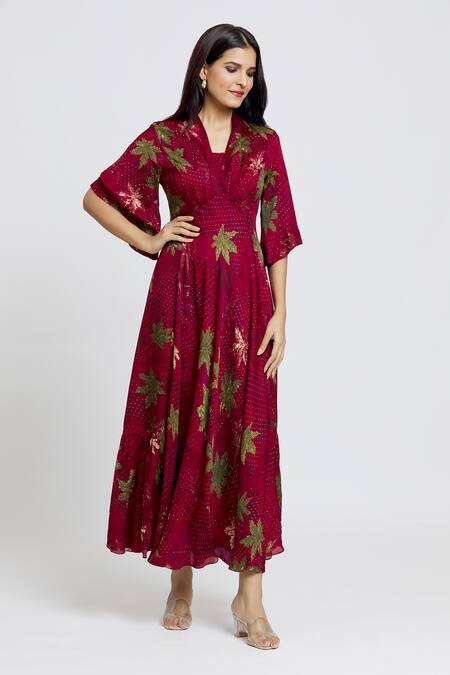 Shop_Whimsical By Shica_Maroon Organza, Satin V-neck Maple Dot Print Dress _Online_at_Aza_Fashions