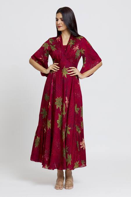 Whimsical By Shica_Maroon Organza, Satin V-neck Maple Dot Print Dress _at_Aza_Fashions