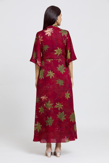 Whimsical By Shica_Maroon Organza, Satin V-neck Maple Dot Print Dress _Online_at_Aza_Fashions