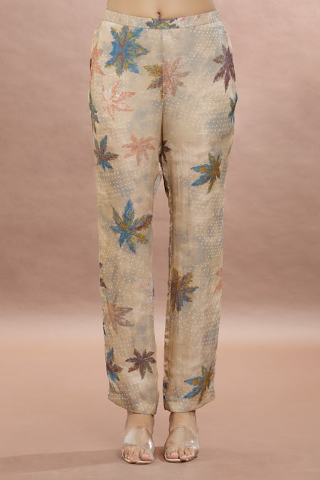 Buy_Whimsical By Shica_Gray Organza, Satin Shawl Neck Maple Dot Print Shirt Tunic And Pant Set _Online_at_Aza_Fashions