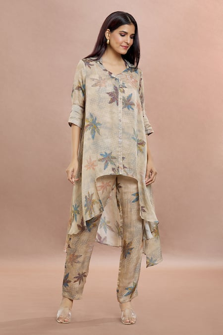 Shop_Whimsical By Shica_Gray Organza, Satin Shawl Neck Maple Dot Print Shirt Tunic And Pant Set _Online_at_Aza_Fashions