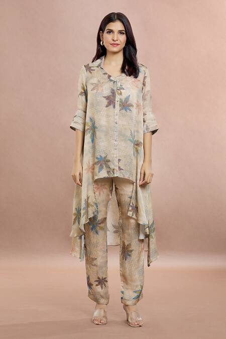 Whimsical By Shica_Gray Organza, Satin Shawl Neck Maple Dot Print Shirt Tunic And Pant Set _at_Aza_Fashions