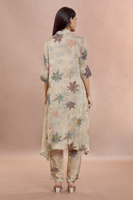 Whimsical By Shica_Gray Organza, Satin Shawl Neck Maple Dot Print Shirt Tunic And Pant Set _Online_at_Aza_Fashions