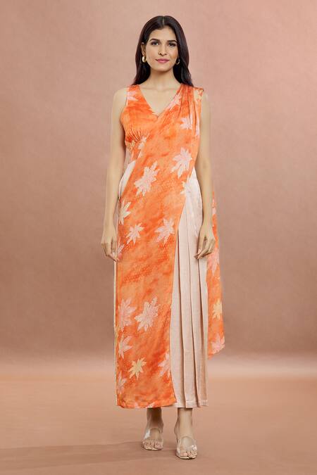 Buy Whimsical By Shica Orange Organza, Satin Embroidery V-neck Maple Dot Print Saree Draped Jumpsuit Online at Aza Fashions Buy_Whimsical By Shica_Orange Organza, Satin Embroidery V-neck Maple Dot Print Saree Draped Jumpsuit _Online_at_Aza_Fashions