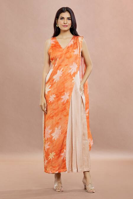 Shop Whimsical By Shica Orange Organza, Satin Embroidery V-neck Maple Dot Print Saree Draped Jumpsuit Online at Aza Fashions Shop_Whimsical By Shica_Orange Organza, Satin Embroidery V-neck Maple Dot Print Saree Draped Jumpsuit _Online_at_Aza_Fashions