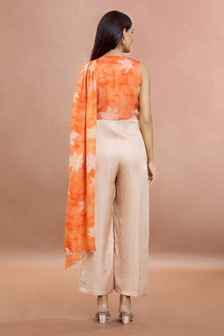 Whimsical By Shica Orange Organza, Satin Embroidery V-neck Maple Dot Print Saree Draped Jumpsuit Online at Aza Fashions Whimsical By Shica_Orange Organza, Satin Embroidery V-neck Maple Dot Print Saree Draped Jumpsuit _Online_at_Aza_Fashions