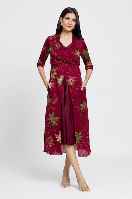 Whimsical By Shica Maroon Organza, Satin Shawl Neck Maple Dot Print Dress 