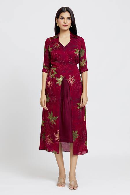Buy Whimsical By Shica Maroon Organza, Satin Shawl Neck Maple Dot Print Dress Online at Aza Fashions Buy_Whimsical By Shica_Maroon Organza, Satin Shawl Neck Maple Dot Print Dress _Online_at_Aza_Fashions