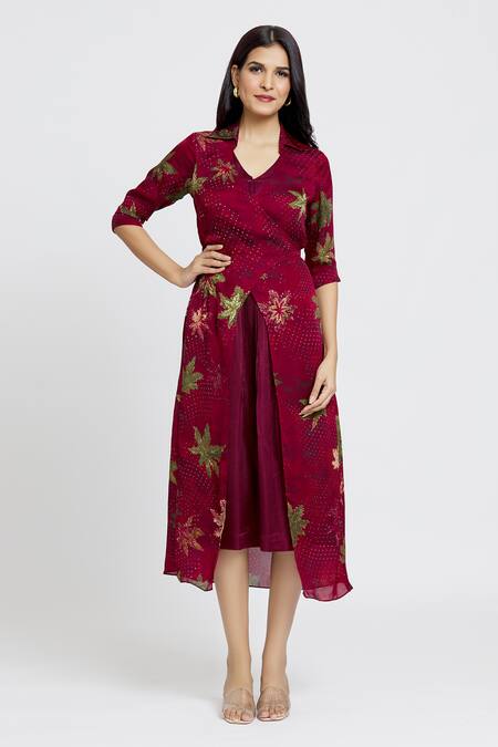 Shop Whimsical By Shica Maroon Organza, Satin Shawl Neck Maple Dot Print Dress Online at Aza Fashions Shop_Whimsical By Shica_Maroon Organza, Satin Shawl Neck Maple Dot Print Dress _Online_at_Aza_Fashions