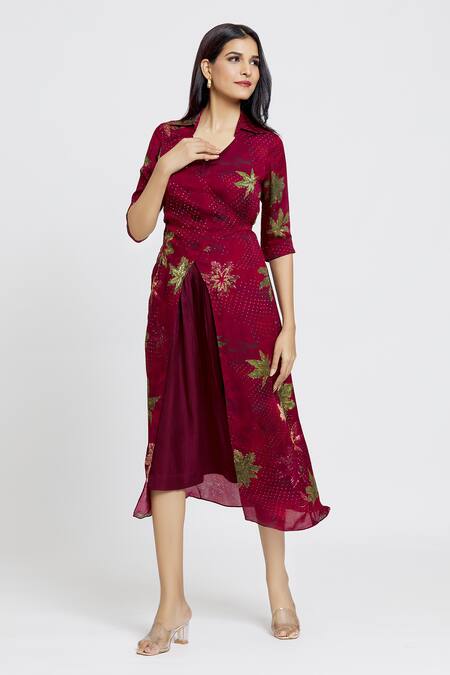 Whimsical By Shica Maroon Organza, Satin Shawl Neck Maple Dot Print Dress at Aza Fashions Whimsical By Shica_Maroon Organza, Satin Shawl Neck Maple Dot Print Dress _at_Aza_Fashions