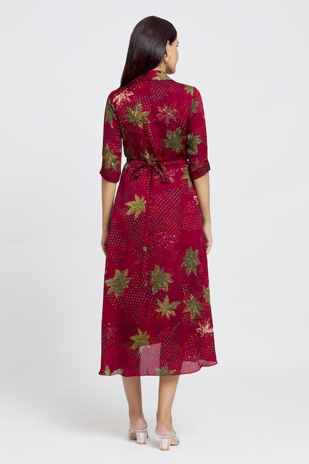 Whimsical By Shica Maroon Organza, Satin Shawl Neck Maple Dot Print Dress Online at Aza Fashions Whimsical By Shica_Maroon Organza, Satin Shawl Neck Maple Dot Print Dress _Online_at_Aza_Fashions