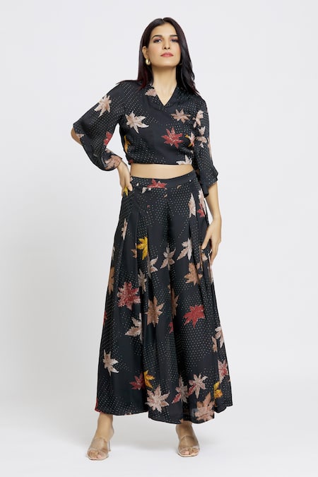 Whimsical By Shica Black Satin, Organza V-neck Maple Dot Print Wrap Top And Flared Pant Set