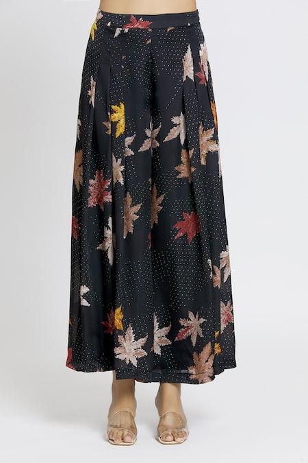 Buy Whimsical By Shica Black Satin, Organza V-neck Maple Dot Print Wrap Top And Flared Pant Set Online at Aza Fashions Buy_Whimsical By Shica_Black Satin, Organza V-neck Maple Dot Print Wrap Top And Flared Pant Set _Online_at_Aza_Fashions