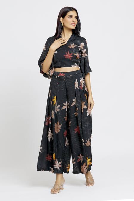 Shop Whimsical By Shica Black Satin, Organza V-neck Maple Dot Print Wrap Top And Flared Pant Set Online at Aza Fashions Shop_Whimsical By Shica_Black Satin, Organza V-neck Maple Dot Print Wrap Top And Flared Pant Set _Online_at_Aza_Fashions