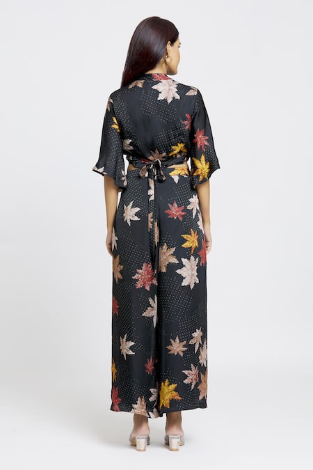 Whimsical By Shica Black Satin, Organza V-neck Maple Dot Print Wrap Top And Flared Pant Set Online at Aza Fashions Whimsical By Shica_Black Satin, Organza V-neck Maple Dot Print Wrap Top And Flared Pant Set _Online_at_Aza_Fashions