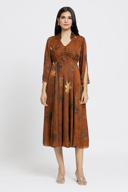 Buy_Whimsical By Shica_Brown Organza, Satin Embroidery Shawl Neck Maple Dot Print Dress _Online_at_Aza_Fashions
