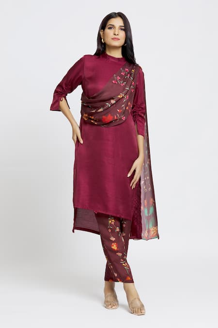 Whimsical By Shica Maroon Organza, Satin Embroidery Bandeau Neck Bug Print Drape Tunic And Pant Set