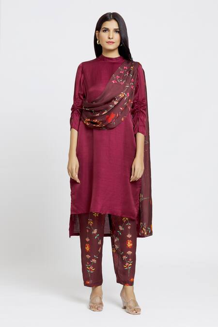 Buy Whimsical By Shica Maroon Organza, Satin Embroidery Bandeau Neck Bug Print Drape Tunic And Pant Set Online at Aza Fashions Buy_Whimsical By Shica_Maroon Organza, Satin Embroidery Bandeau Neck Bug Print Drape Tunic And Pant Set _Online_at_Aza_Fashions