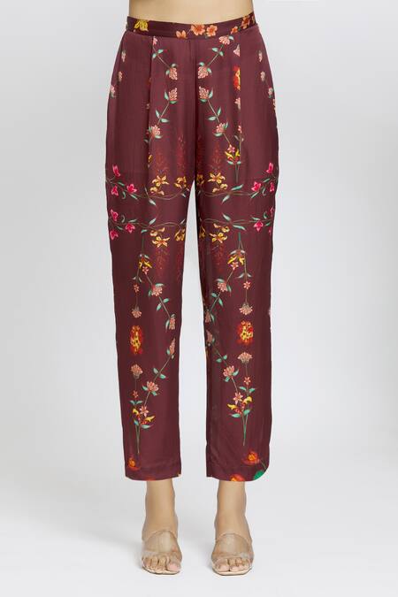 Shop Whimsical By Shica Maroon Organza, Satin Embroidery Bandeau Neck Bug Print Drape Tunic And Pant Set Online at Aza Fashions Shop_Whimsical By Shica_Maroon Organza, Satin Embroidery Bandeau Neck Bug Print Drape Tunic And Pant Set _Online_at_Aza_Fashions