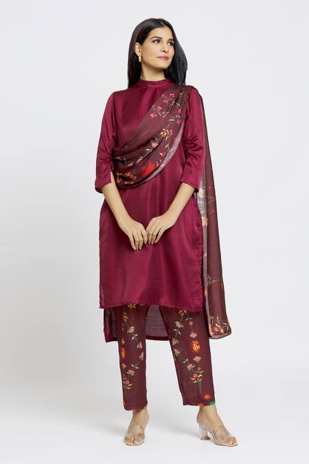 Whimsical By Shica Maroon Organza, Satin Embroidery Bandeau Neck Bug Print Drape Tunic And Pant Set at Aza Fashions Whimsical By Shica_Maroon Organza, Satin Embroidery Bandeau Neck Bug Print Drape Tunic And Pant Set _at_Aza_Fashions