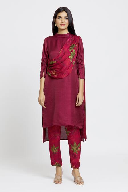 Buy Whimsical By Shica Maroon Organza, Satin Embroidery Collared Maple Dot Printed Tunic And Pant Set Online at Aza Fashions Buy_Whimsical By Shica_Maroon Organza, Satin Embroidery Collared Maple Dot Printed Tunic And Pant Set _Online_at_Aza_Fashions