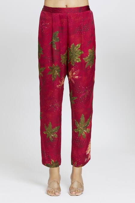 Shop Whimsical By Shica Maroon Organza, Satin Embroidery Collared Maple Dot Printed Tunic And Pant Set Online at Aza Fashions Shop_Whimsical By Shica_Maroon Organza, Satin Embroidery Collared Maple Dot Printed Tunic And Pant Set _Online_at_Aza_Fashions