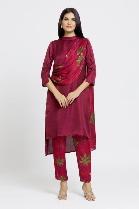 Whimsical By Shica Maroon Organza, Satin Embroidery Collared Maple Dot Printed Tunic And Pant Set at Aza Fashions Whimsical By Shica_Maroon Organza, Satin Embroidery Collared Maple Dot Printed Tunic And Pant Set _at_Aza_Fashions