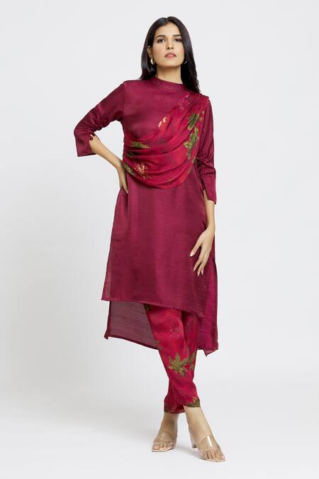 Buy Whimsical By Shica Maroon Organza, Satin Embroidery Collared Maple Dot Printed Tunic And Pant Set Buy_Whimsical By Shica_Maroon Organza, Satin Embroidery Collared Maple Dot Printed Tunic And Pant Set