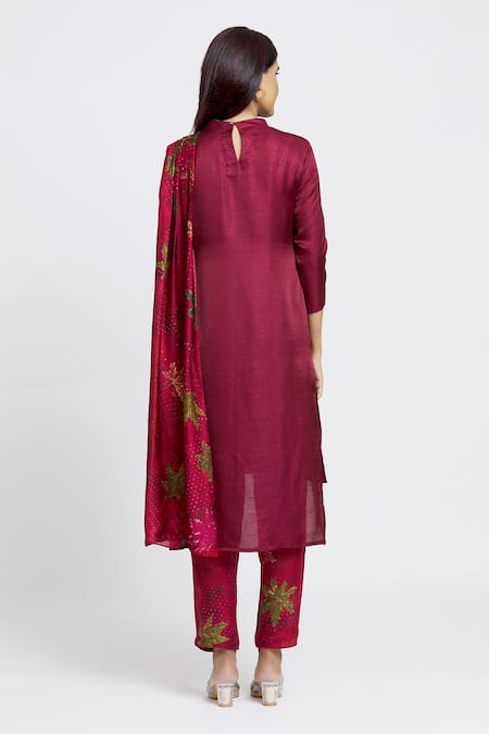 Whimsical By Shica Maroon Organza, Satin Embroidery Collared Maple Dot Printed Tunic And Pant Set Online at Aza Fashions Whimsical By Shica_Maroon Organza, Satin Embroidery Collared Maple Dot Printed Tunic And Pant Set _Online_at_Aza_Fashions