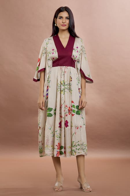 Buy_Whimsical By Shica_Maroon Organza, Satin V-neck Bug Print Dress _Online_at_Aza_Fashions